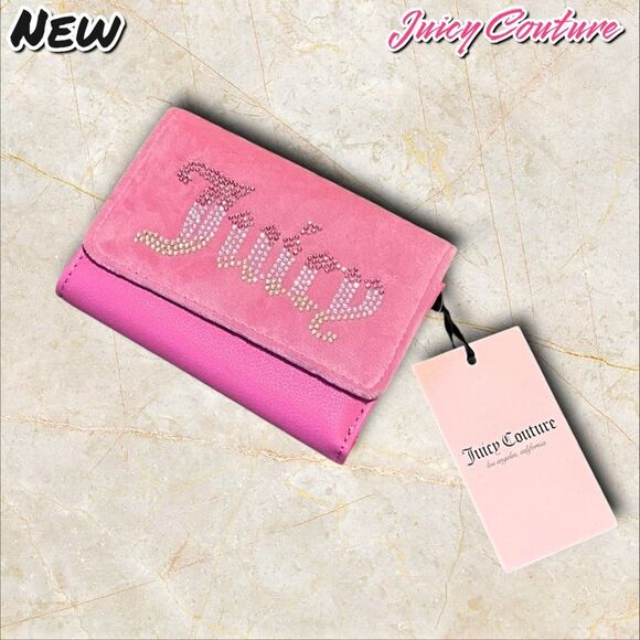New NWT Juicy Couture “Juicy” Pink Velour & Faux Leather Trifold Wallet - Picture 1 of 6